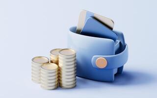 Blue cartoon leather wallet and golden coins, 3d rendering. photo