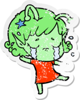 distressed sticker of a cartoon crying alien girl png