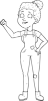 hand drawn black and white cartoon woman in dungarees png