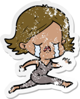 distressed sticker of a cartoon girl crying whilst running png