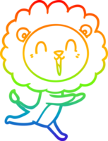 rainbow gradient line drawing of a laughing lion cartoon running png