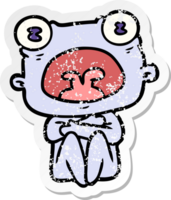 distressed sticker of a cartoon weird alien huddled up png