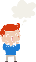 cartoon laughing boy with thought bubble in retro style png