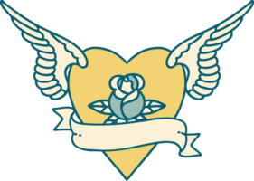 imagen icónica de estilo tatuaje de corazón con alas una rosa y pancarta png