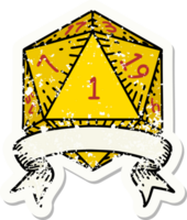 pegatina grunge de una tirada de dados natural d20 png