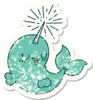 worn old sticker of a tattoo style happy narwhal png