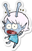 distressed sticker of a cartoon shocked alien girl png