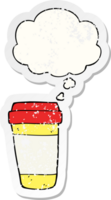 cartoon coffee cup with thought bubble as a distressed worn sticker png