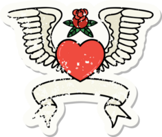 worn old sticker with banner of a heart with wings png