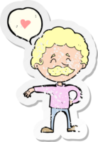 retro distressed sticker of a cartoon mustache man in love png