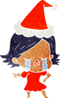 hand drawn retro cartoon of a girl crying and pointing wearing santa hat png