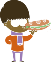 garçon de dessin animé de style plat couleur nerveux avec sandwich png