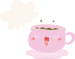 mignonne dessin animé tasse et soucoupe avec discours bulle dans rétro style png