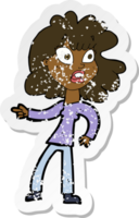 retro distressed sticker of a cartoon worried woman pointing png