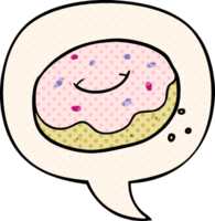 cartoon donut with sprinkles with speech bubble in comic book style png