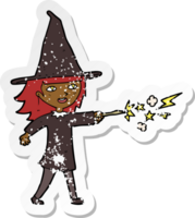 retro distressed sticker of a cartoon witch girl casting spell png