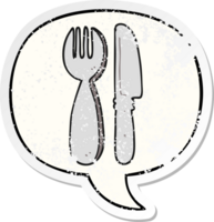 cartoon knife and fork with speech bubble distressed distressed old sticker png