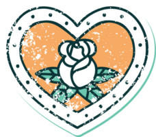 iconic distressed sticker tattoo style image of a heart and flowers png