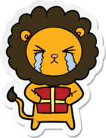 sticker of a cartoon crying lion with gift png