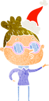 mano dibujado retro dibujos animados de un mujer vistiendo lentes vistiendo Papa Noel sombrero png