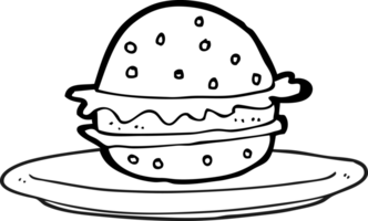 hand drawn black and white cartoon burger on plate png