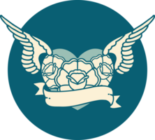 ikonisches Bild im Tattoo-Stil eines fliegenden Herzens mit Blumen und Banner png