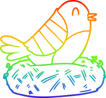 rainbow gradient line drawing of a cartoon bird sitting on nest png