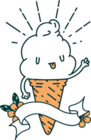 scroll banner with tattoo style ice cream character waving png