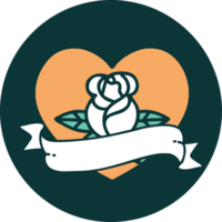 imagem de estilo de tatuagem icônica de uma rosa de coração e banner png