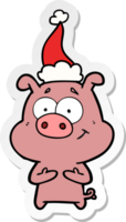 happy hand drawn sticker cartoon of a pig wearing santa hat png