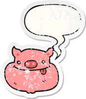 cartoon happy pig face with speech bubble distressed distressed old sticker png