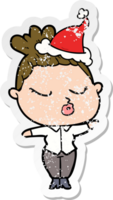 hand drawn distressed sticker cartoon of a calm woman wearing santa hat png