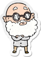 distressed sticker of a cartoon curious man with beard and glasses png