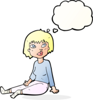 cartoon woman sitting on floor with thought bubble png