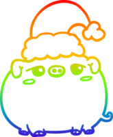 rainbow gradient line drawing of a cartoon pig wearing christmas hat png