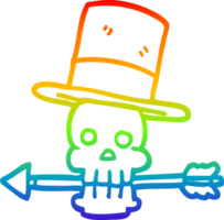 rainbow gradient line drawing of a cartoon skull and arrow png