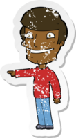retro distressed sticker of a cartoon happy man pointing png