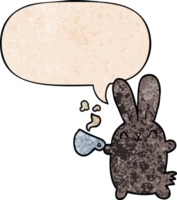 cute cartoon rabbit with coffee cup with speech bubble in retro texture style png