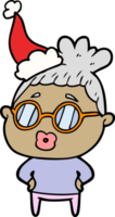 main tiré ligne dessin de une bibliothécaire femme portant lunettes portant Père Noël chapeau png