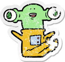 distressed sticker of a friendly cartoon alien sitting down png