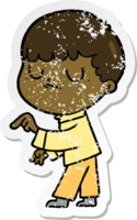 distressed sticker of a cartoon grumpy boy png