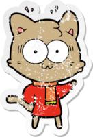 distressed sticker of a cartoon surprised cat wearing warm winter clothes png