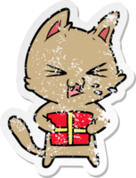 adesivo angosciato di un gatto sibilante cartone animato con regalo di Natale png