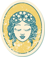 iconic distressed sticker tattoo style image of a maiden with eyes closed png