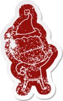 glücklich schrullig Karikatur betrübt Aufkleber von ein Junge tragen Santa Hut png