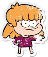 distressed sticker of a cartoon girl smiling png