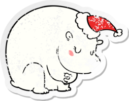 mignonne main tiré affligé autocollant dessin animé de une polaire ours portant Père Noël chapeau png