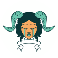 icon of crying tiefling character face with scroll banner png