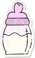 distressed sticker of a quirky hand drawn cartoon baby milk bottle png