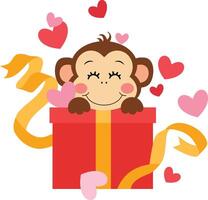 Cute monkey with gift and hearts vector